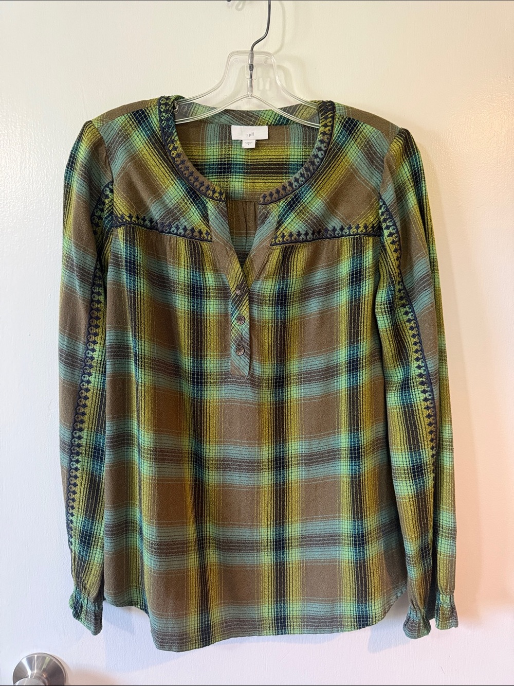 J. Jill Green and Brown Plaid Peasant Blouse